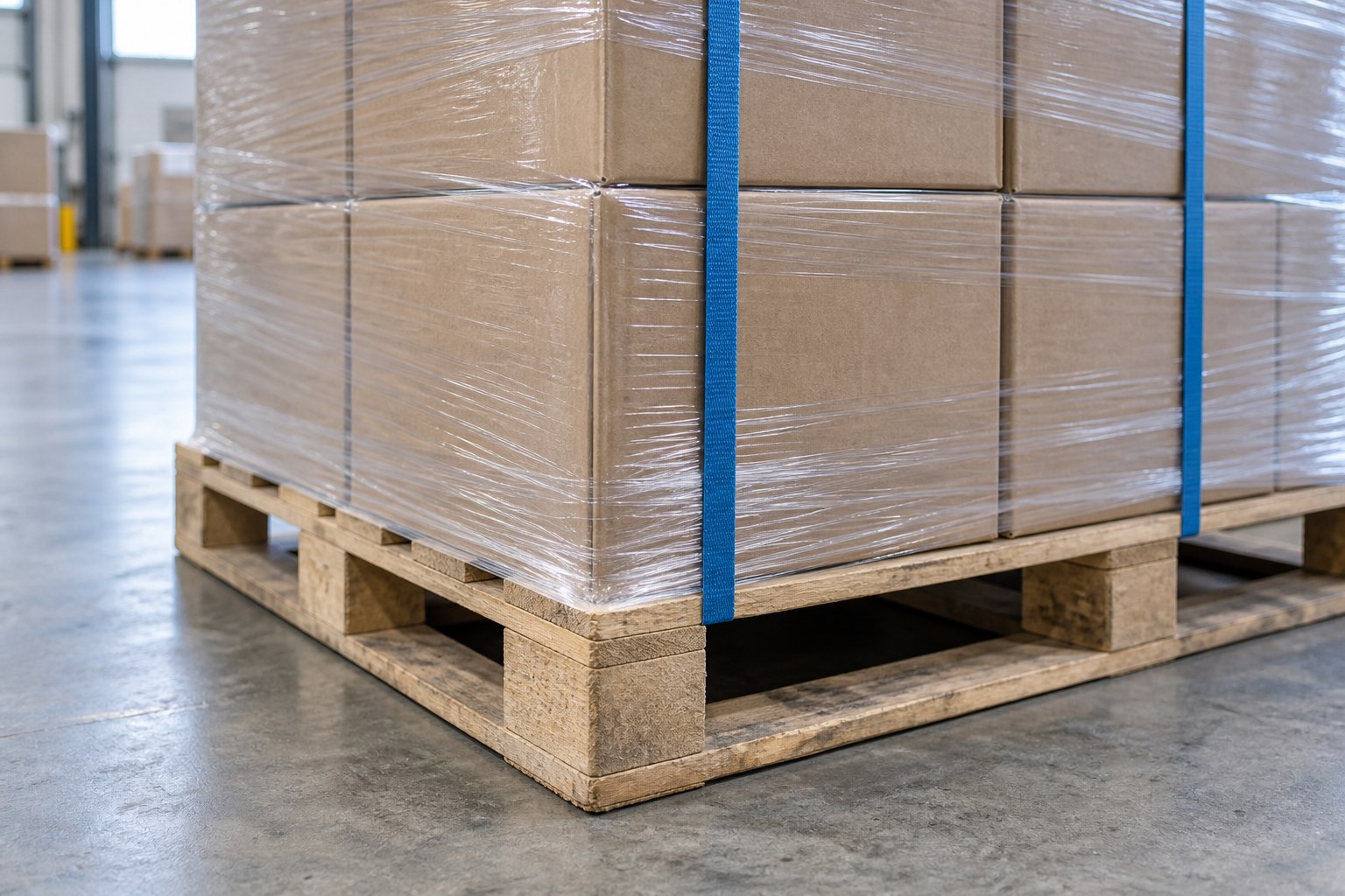 Illustrative detail of stretch-wrapped cartons and blue pallet straps