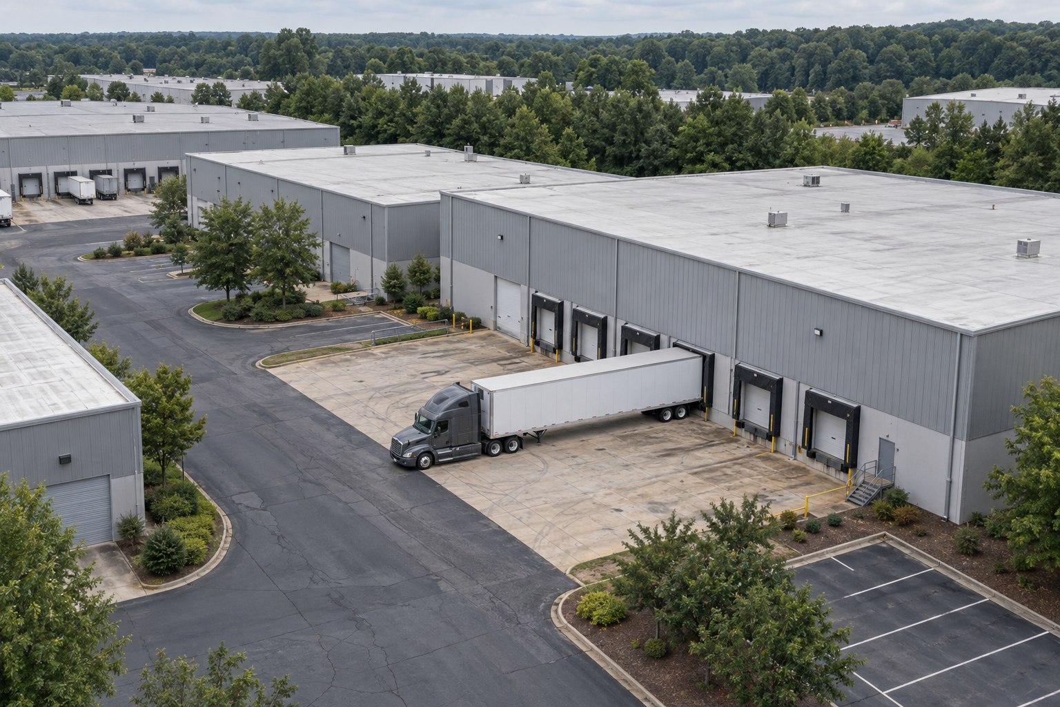 Illustrative aerial view of a warehouse and truck surrounded by a green tree line