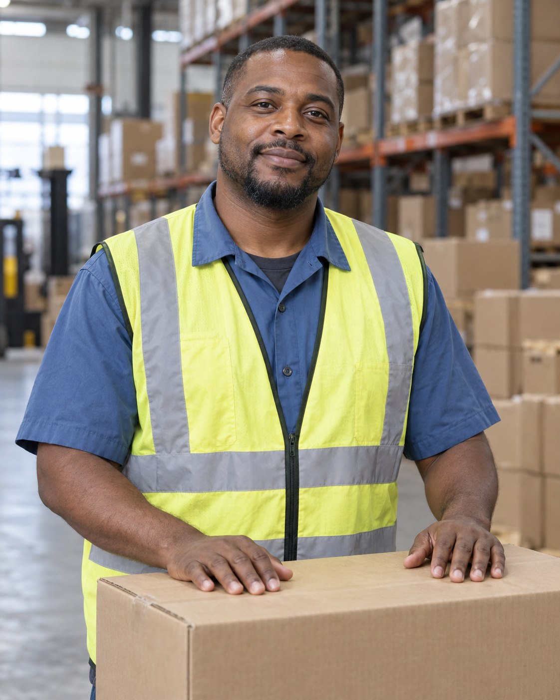Illustrative warehouse worker in a blue high-visibility vest beside a carton