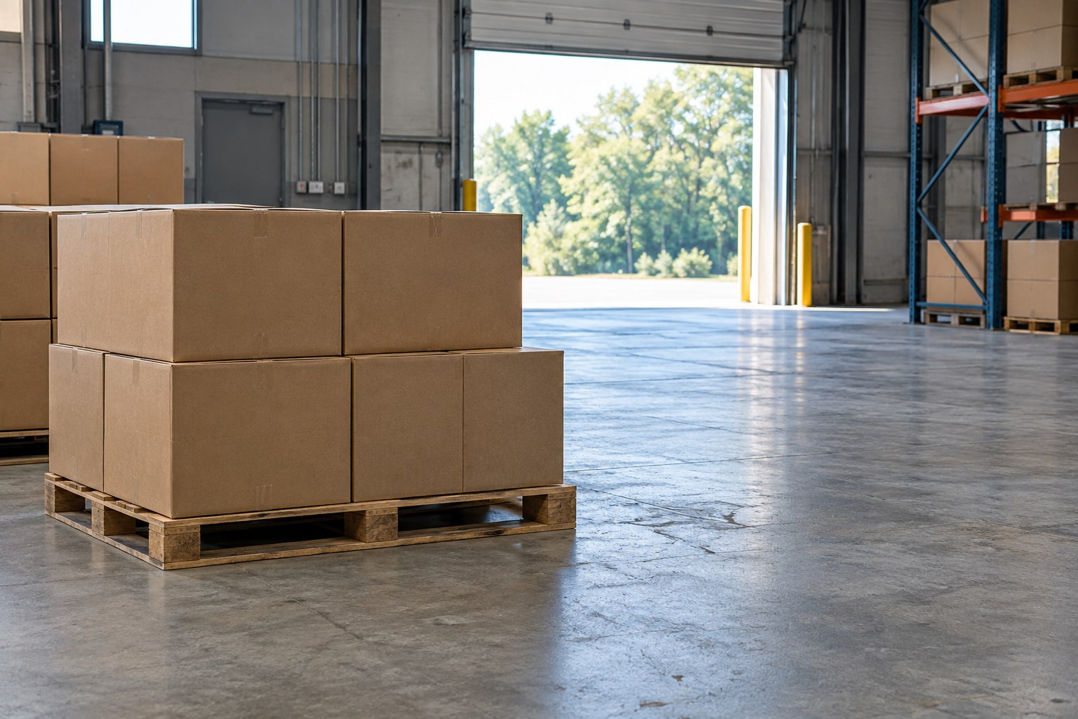Illustrative warehouse workspace with boxed goods and an open loading bay